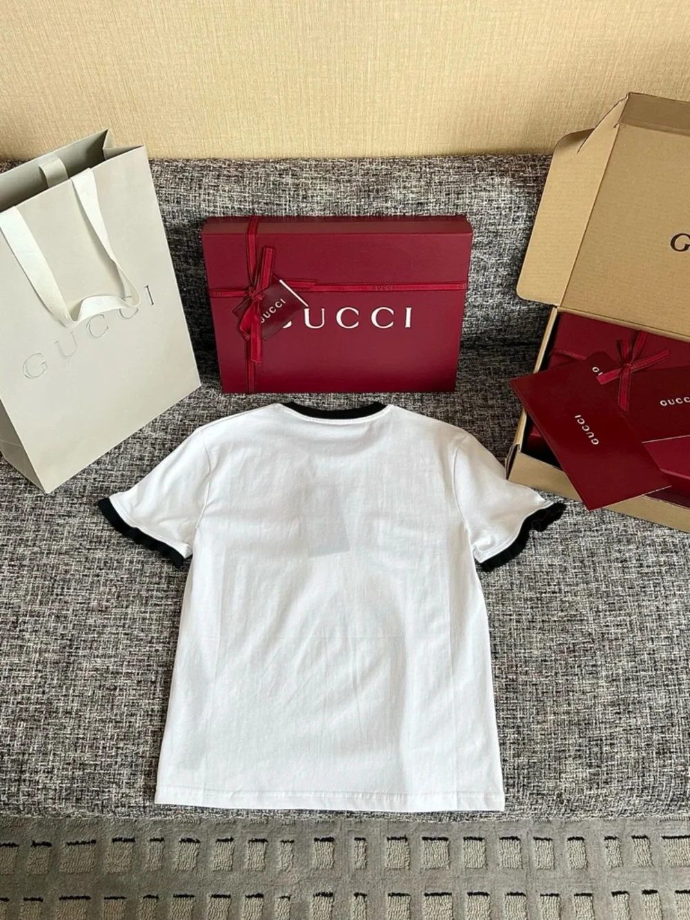 Gucci White Tee with Black Trim and Red-Green Web Stripe - Picture 9 of 9